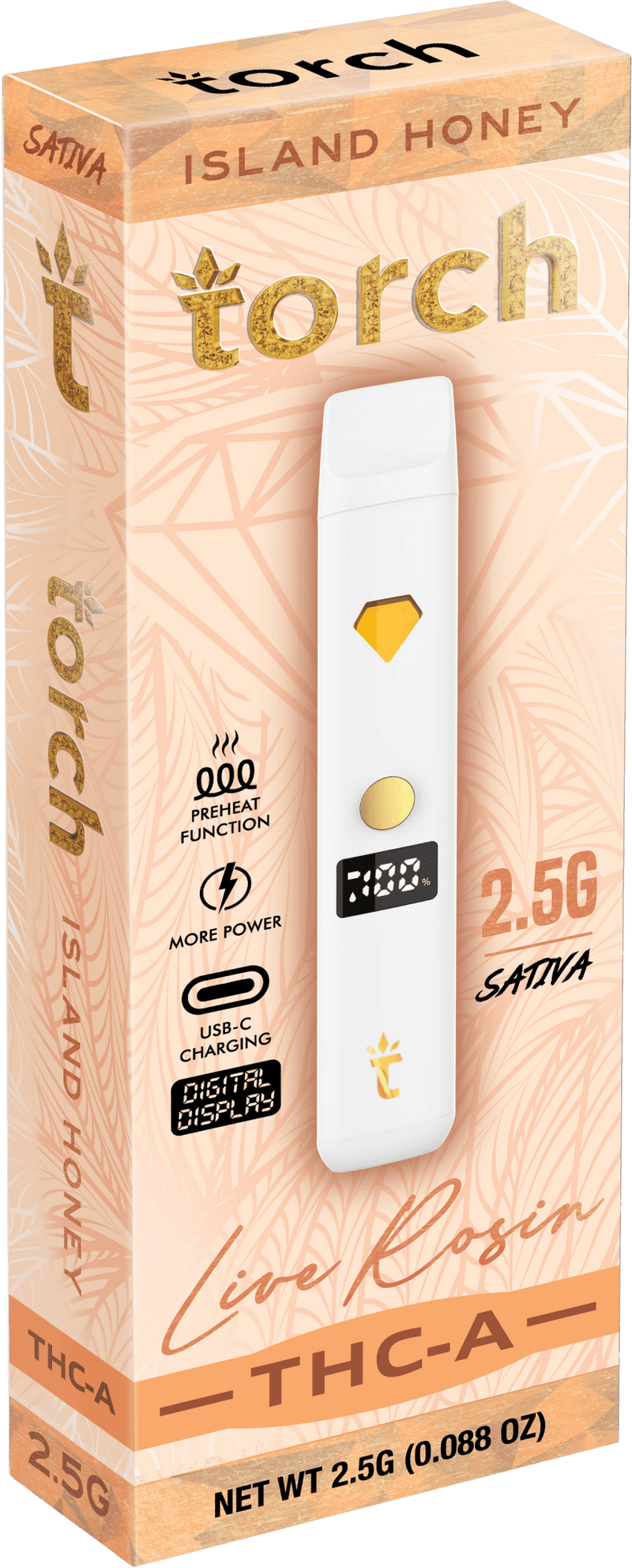 Torch 2.5G THC-A Live Rosin Disposable - Island Honey (Sativa) - HempWholesaler.com