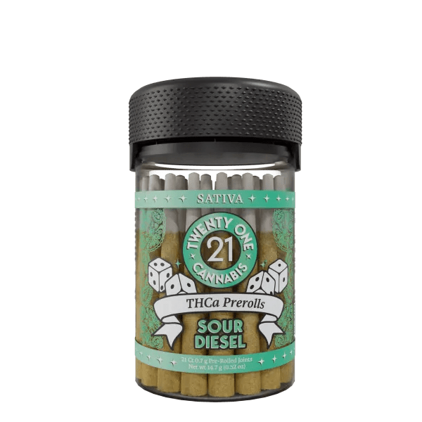 Twenty One - THCa Pre Rolls - 21ct Jars - Sour Diesel - HempWholesaler.com