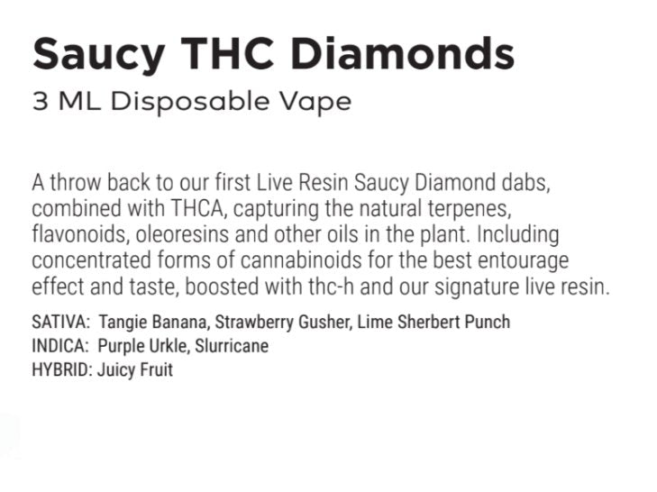 Urb Saucy THC Diamonds 3g Disposables THCa,D8,THCh - Strawberry Gusher - Bandit Distribution